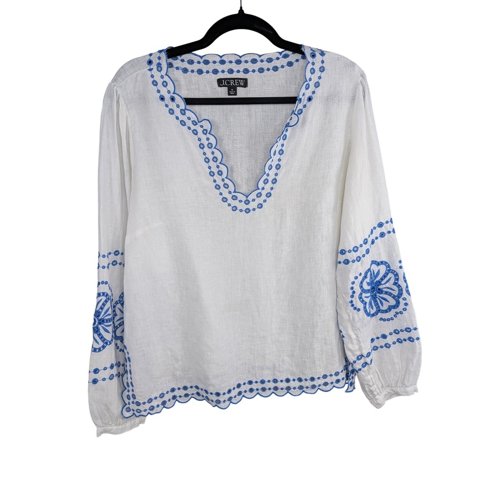J. Crew Womens Bungalow Linen Embroidered Top Sz M White Blue Boho Cottagecore - Picture 2 of 11